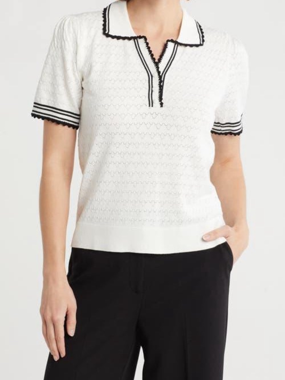 Adrianna Papell tipped pointelle polo sweater